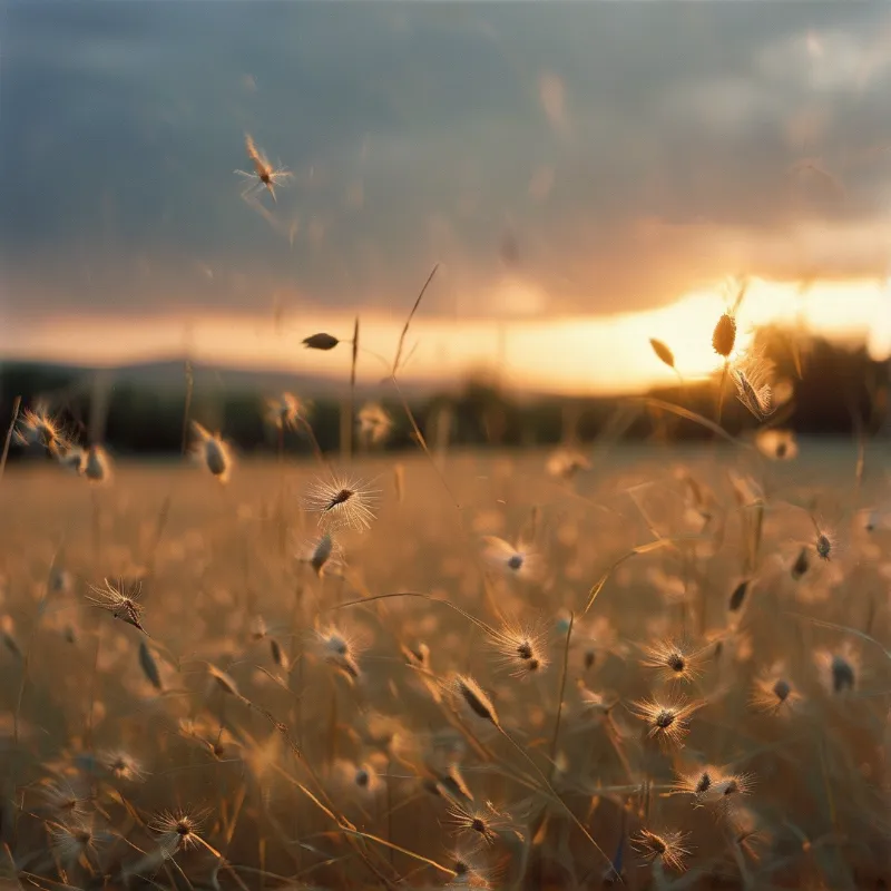 Hazy view of seed heads in a meadow glowing with warm orange light from the horizon.