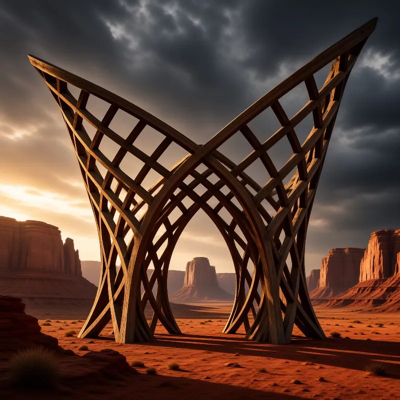 A massive wooden lattice sculpture forms an archway across a red desert canyon at sunset with storm clouds overhead.