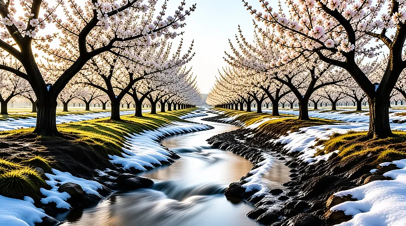 Pink flowering trees line a winding stream where patches of snow rest on green grass banks under soft light.