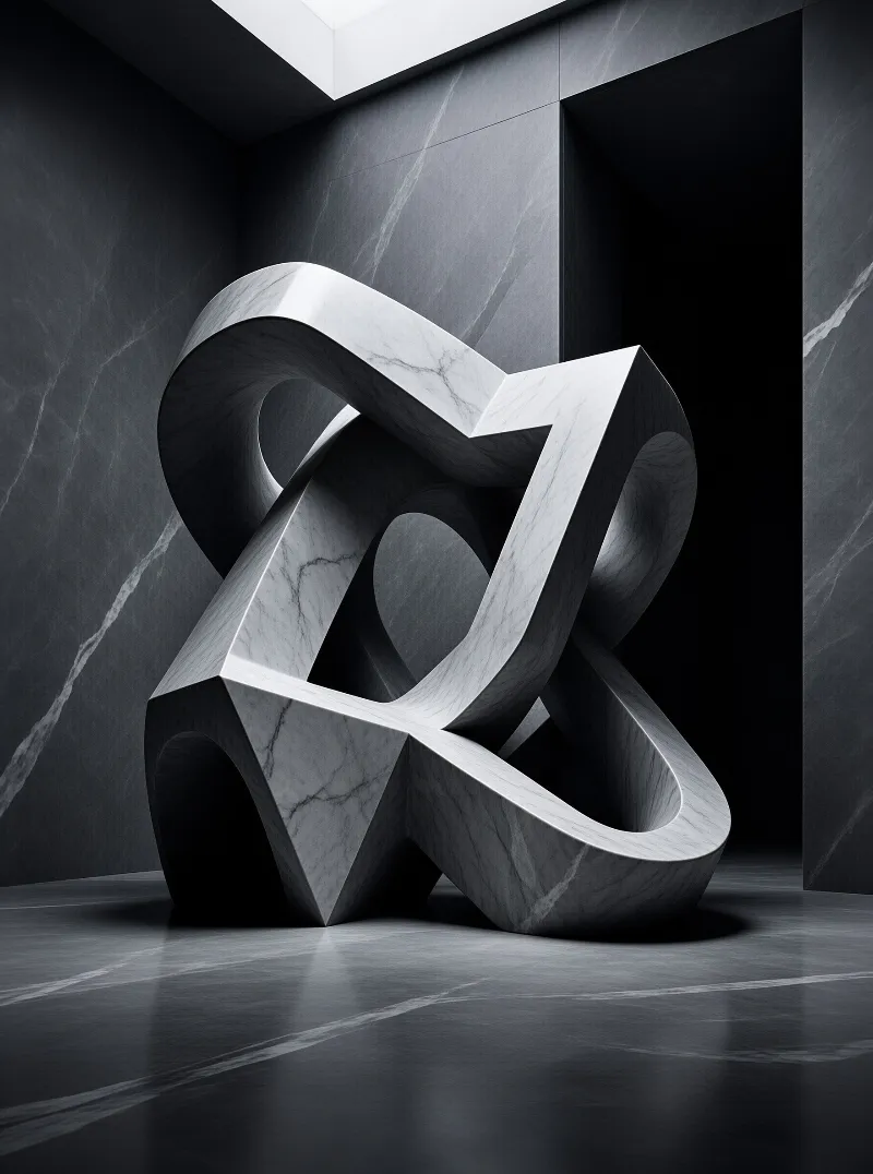 A pale veined stone band loops through itself in a shadowy marble room, lit from above so its edges glow softly.