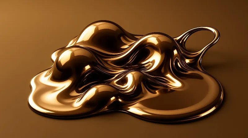 An amorphous shiny gold object rests on a flat brown background showing strong reflections.