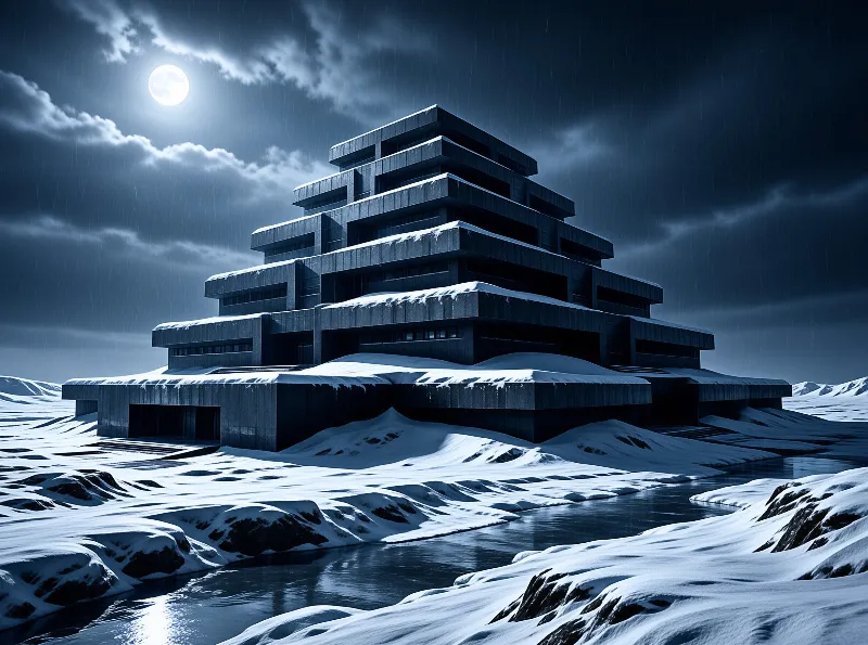 Massive tiered concrete architecture rises from a snow-covered valley bathed in the glow of a bright moon.
