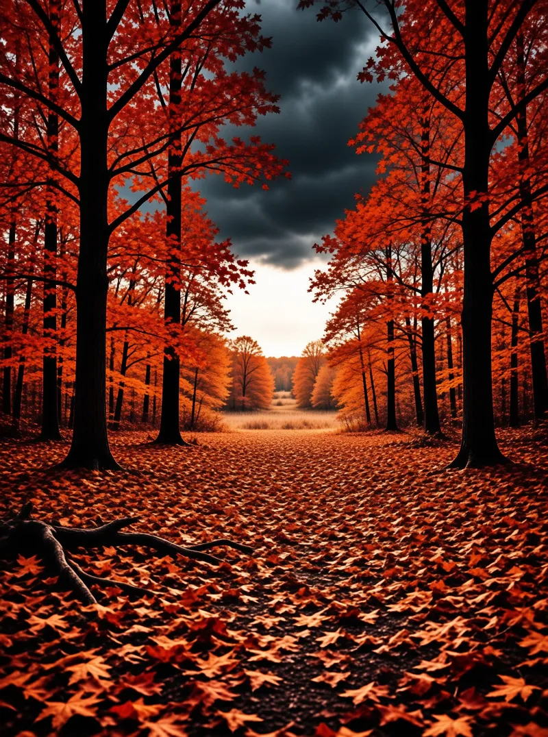 A tree-lined path covered in orange fallen leaves stretches into the distance under a heavy, dark stormy sky while tall black trunks frame the sides of the road.