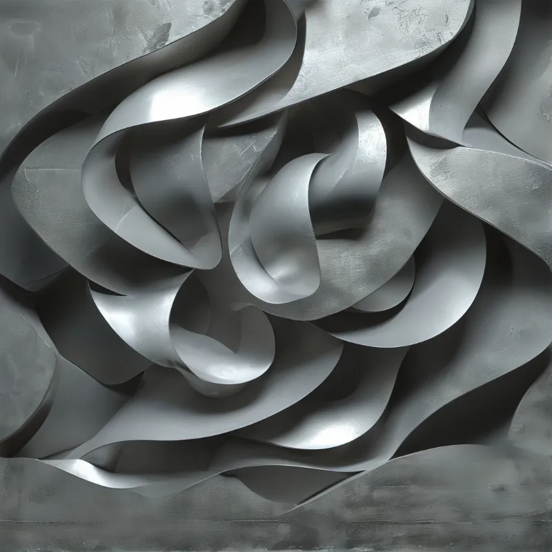 A grungy silver metal sculpture shows overlapping curved surfaces with soft highlights and dark recessed shadow areas.