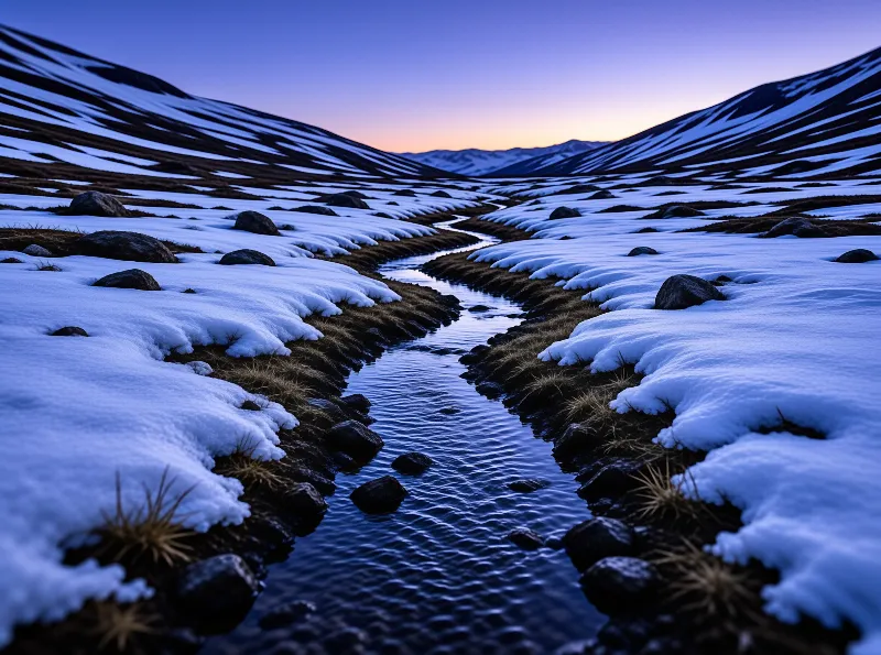 A small stream winds through a valley of dark rocks and patches of snow under a sky fading from orange to blue.