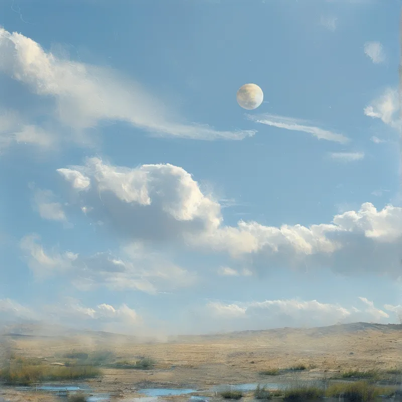 A soft full moon floats in pale blue sky above sparse grasses and shallow rain pools on arid ground.