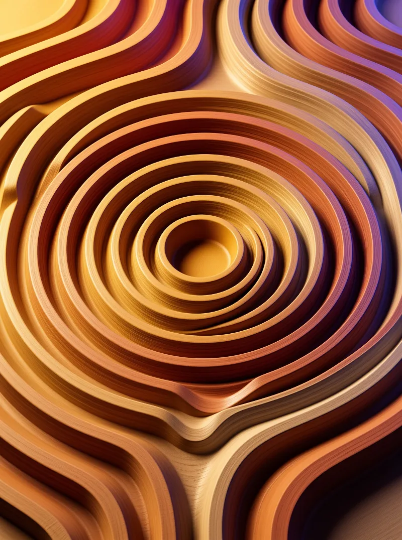 A dense stack of warm smooth curved rings tapers to a small hollow center, soft light casting subtle shadows between layers.