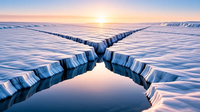 A calm ribbon of open water winds between slabs of fractured sea ice under a low golden sunset.