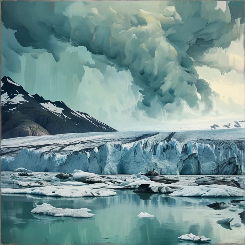 A massive ice cliff rises from calm blue water with floating bergs beneath dark mountains and heavy swirling clouds.