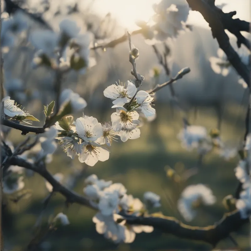 A group of white flowers on dark branches is backlit by sunlight against a soft out of focus green background.