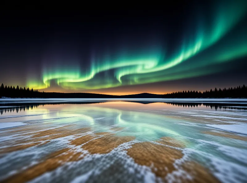 Green aurora borealis ribbons stretch across the night sky above a frozen lake reflecting the colorful lights.