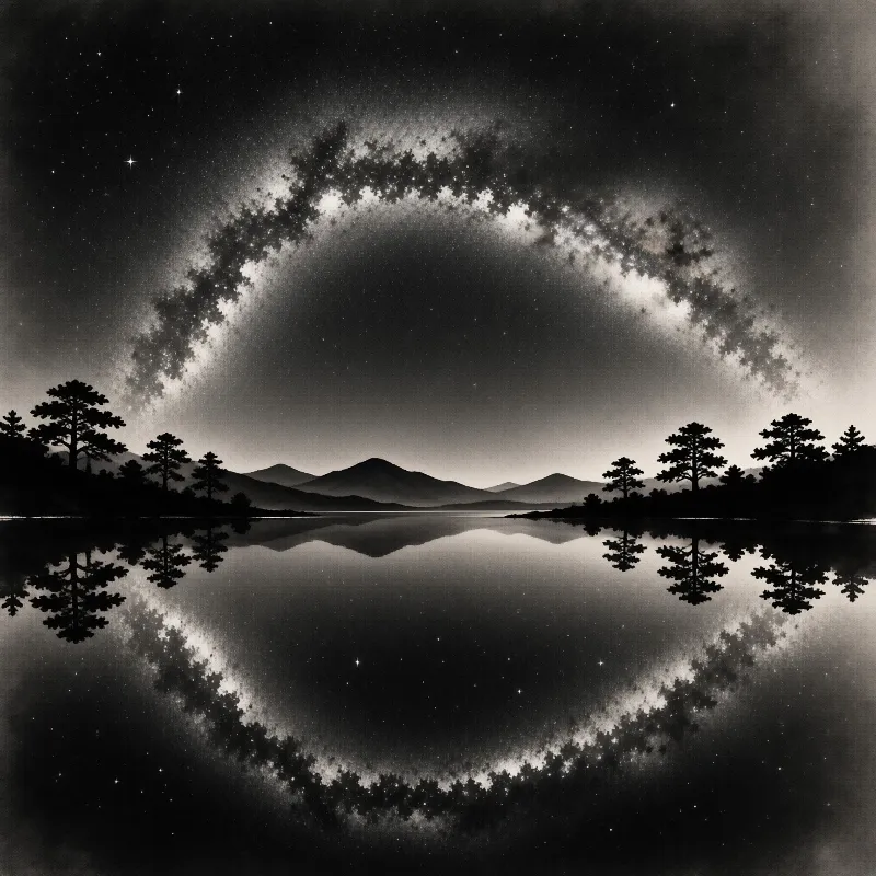 Monochrome night scene featuring a still lake mirroring a starry sky, distant mountains, and silhouetted pine trees.