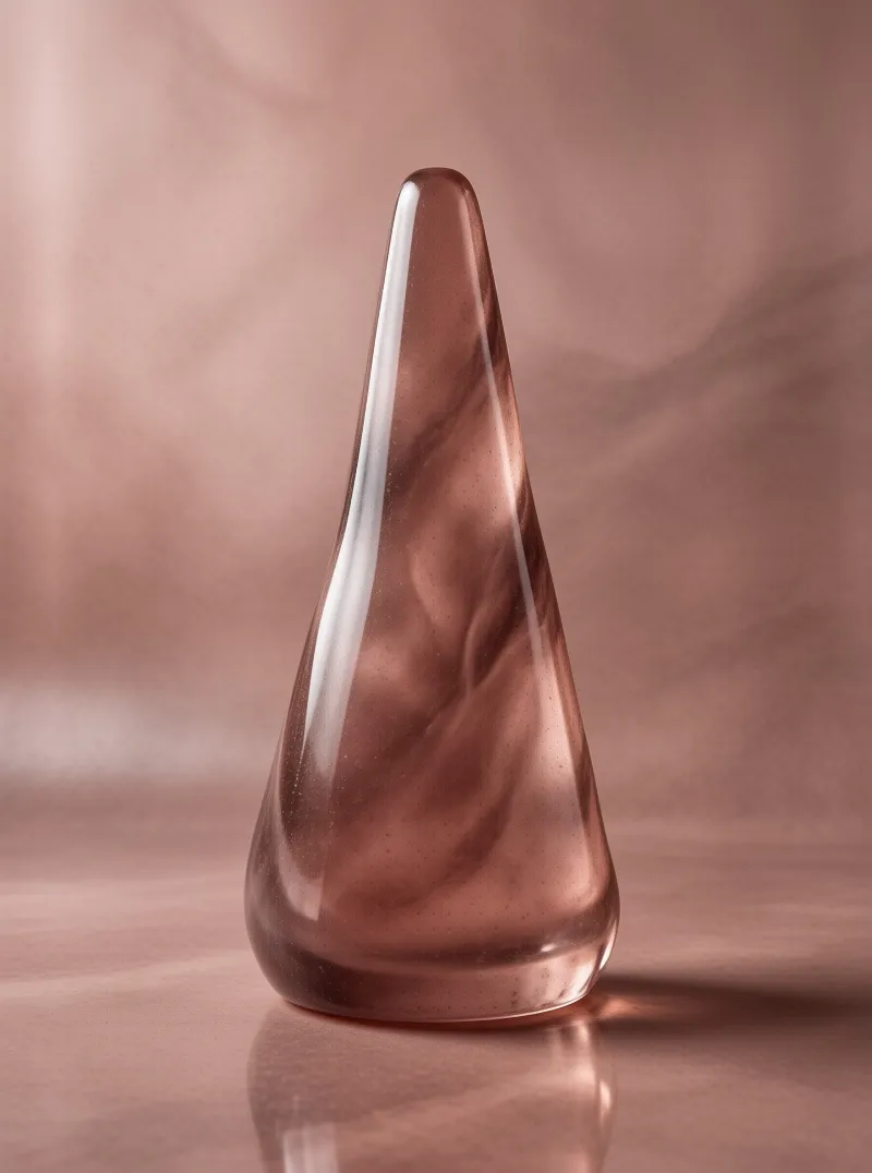 A tapered translucent cone of pink glass holds swirling internal ripples and casts a soft mirrored reflection below.