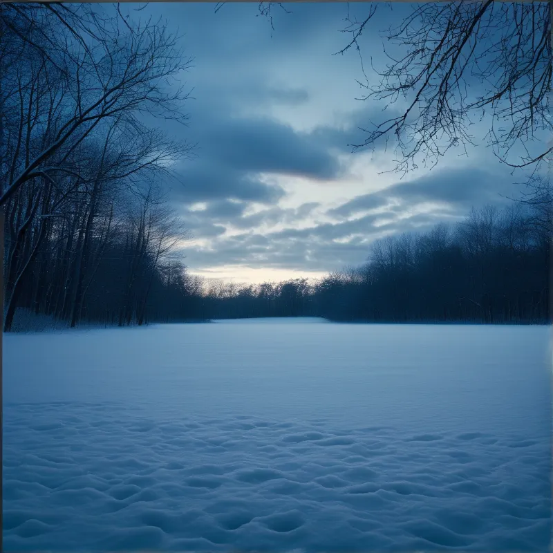 A wide expanse of blue snow stretches between dark trees under a cloudy twilight sky.