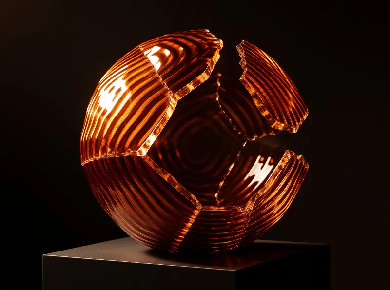 A ribbed translucent amber sphere appears to shatter while resting on a black pedestal against a dark void.