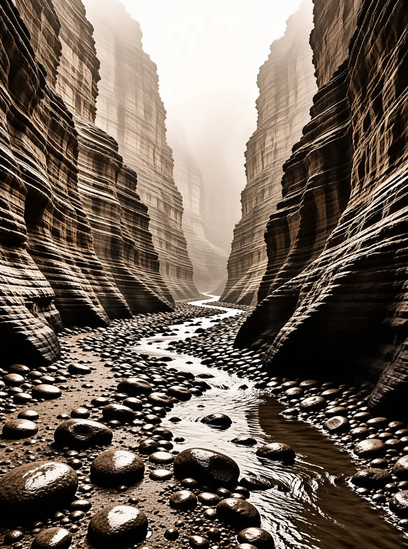 A narrow gorge features a small river winding between towering stratified cliffs under a foggy sky.