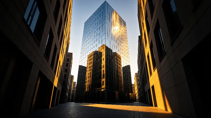Reflective skyscraper stands between buildings with warm sunlight