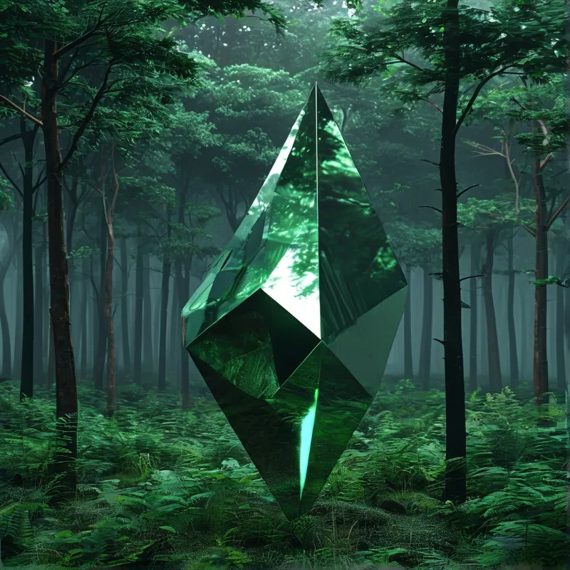Green Crystal in Misty Forest