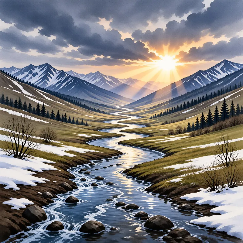 A winding river flows through a valley with snow patches and mountains under a bright sunburst sky.
