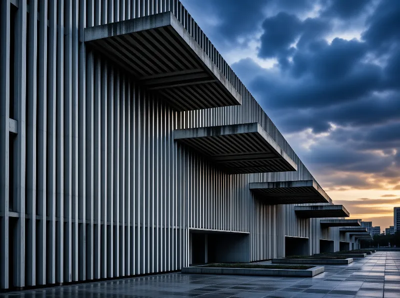 Colonnade Facade under Storm Dusk