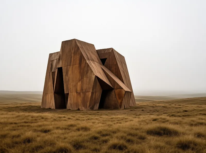A geometric structure stands in a vast grassy field under overcast sky, its angular form contrasting with the soft landscape.