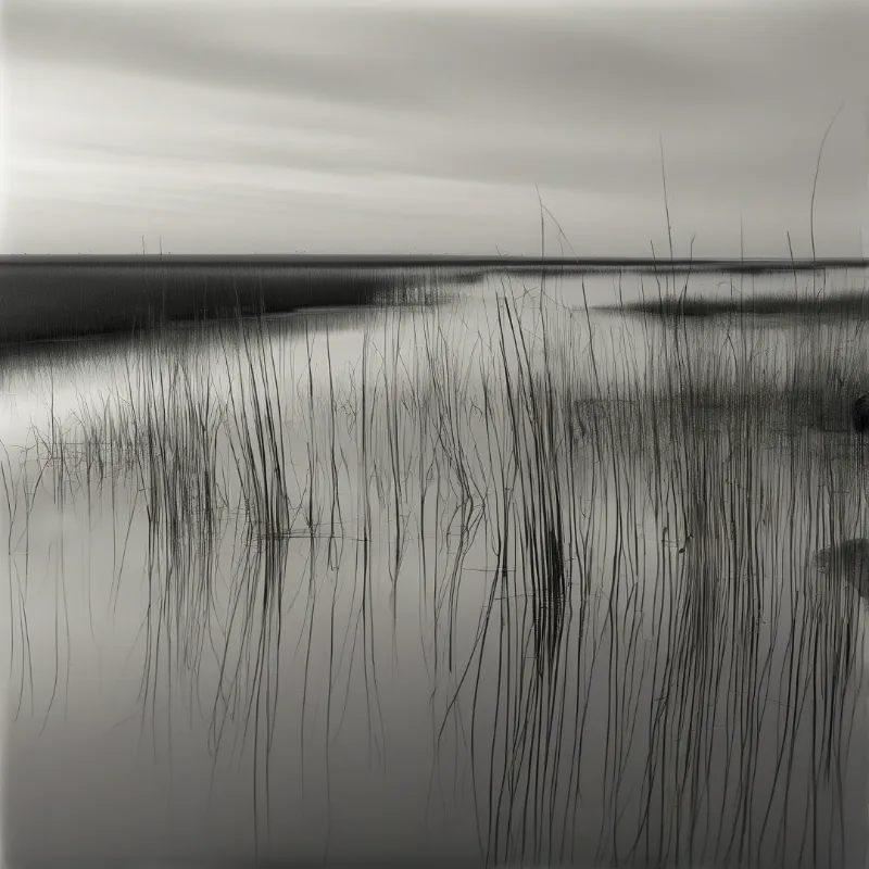 Fine dark reeds rise vertically from glassy still water in a quiet black and white wetland scene.