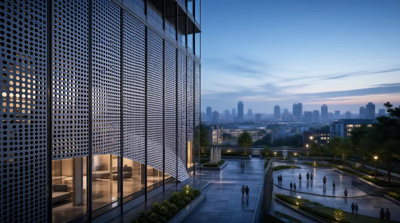 Perforated Facade at Dusk
