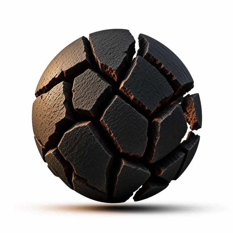 A fragmented black sphere with bronze gaps floats against a white background with soft lighting.