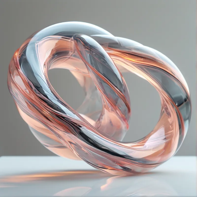 A twisted glass form with metallic rose gold reflections sitting on a plain surface.