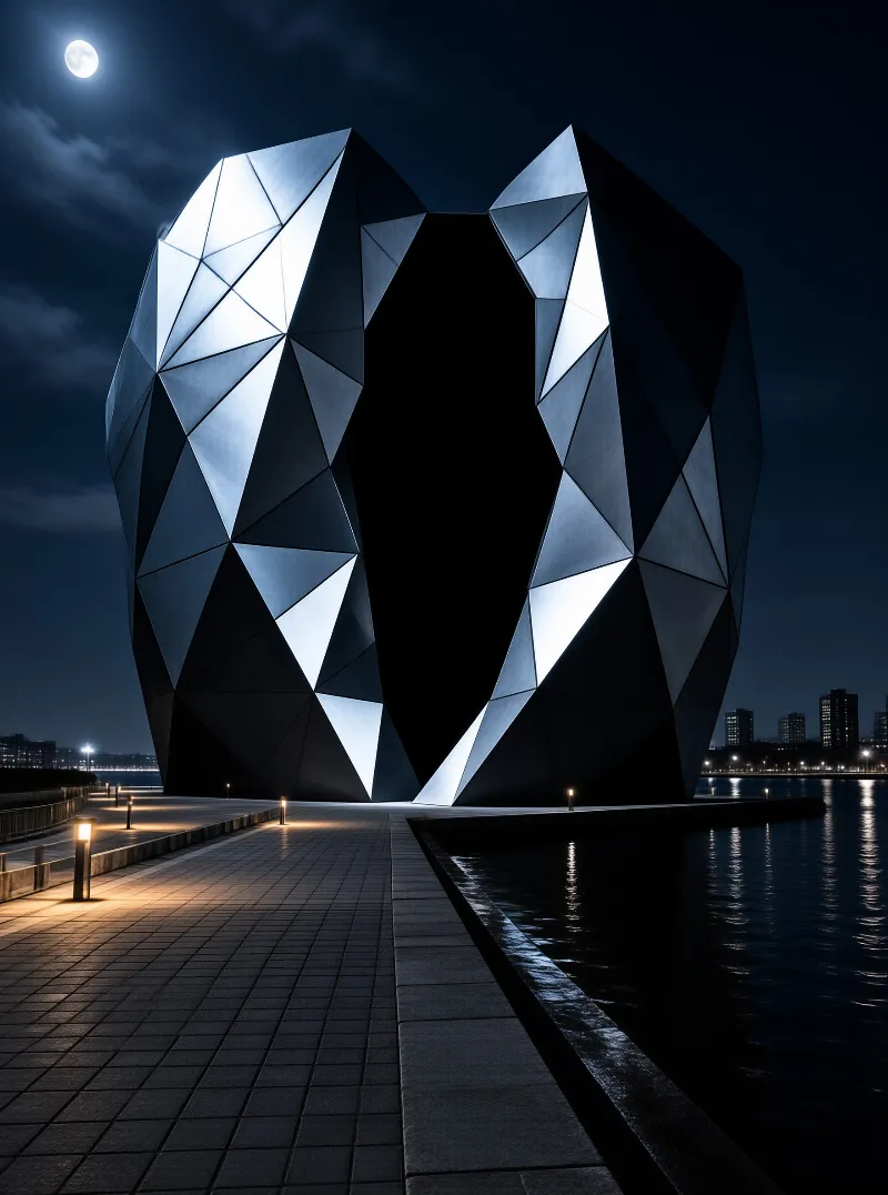 An arch of polished triangular metal plates catches the moonlight above a waterfront promenade lined with glowing lamps.
