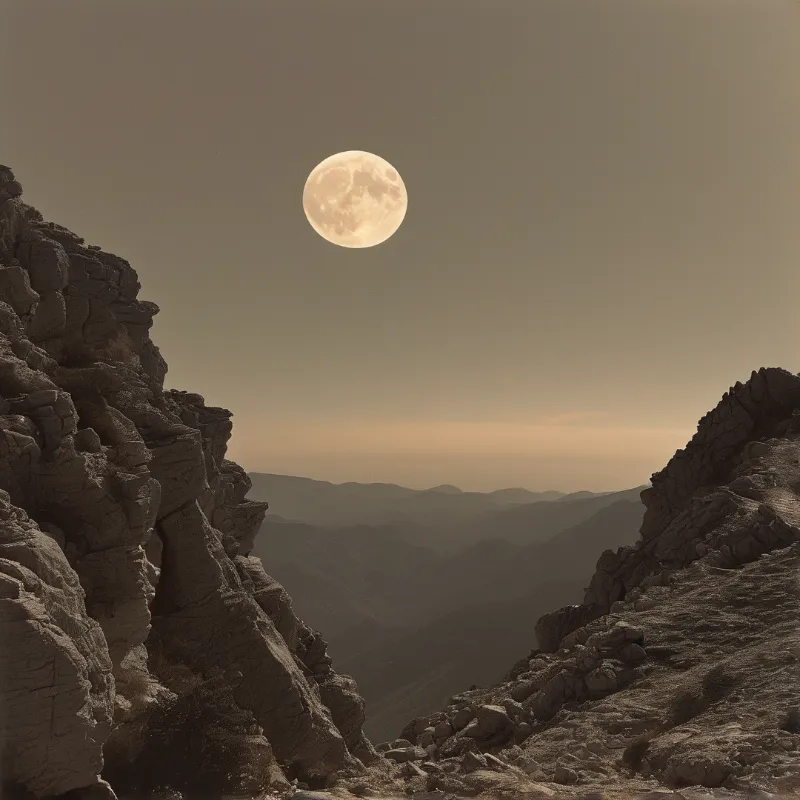 A large pale full moon hangs high in a hazy amber sky above dark rocky cliffs and a layered mountain valley.