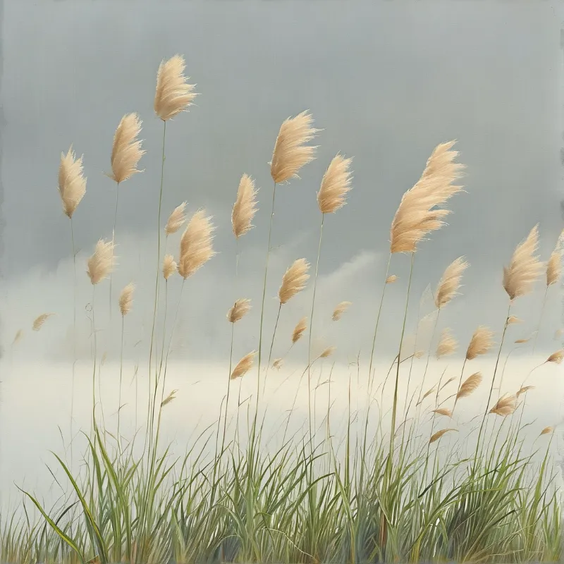 Cream colored grass plumes rise above green blades in a foggy landscape.