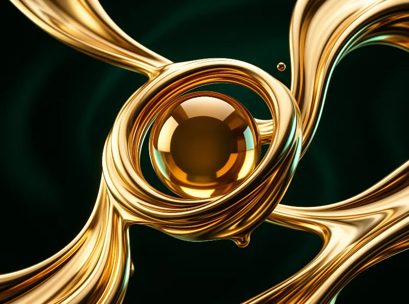 Shiny metallic streams curve dynamically around a polished amber orb against a dark green void with sharp highlights.