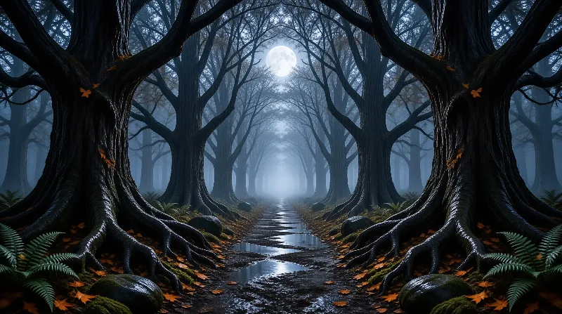 A winding road leads through misty forest at night toward a bright full moon while light reflects off wet puddles.