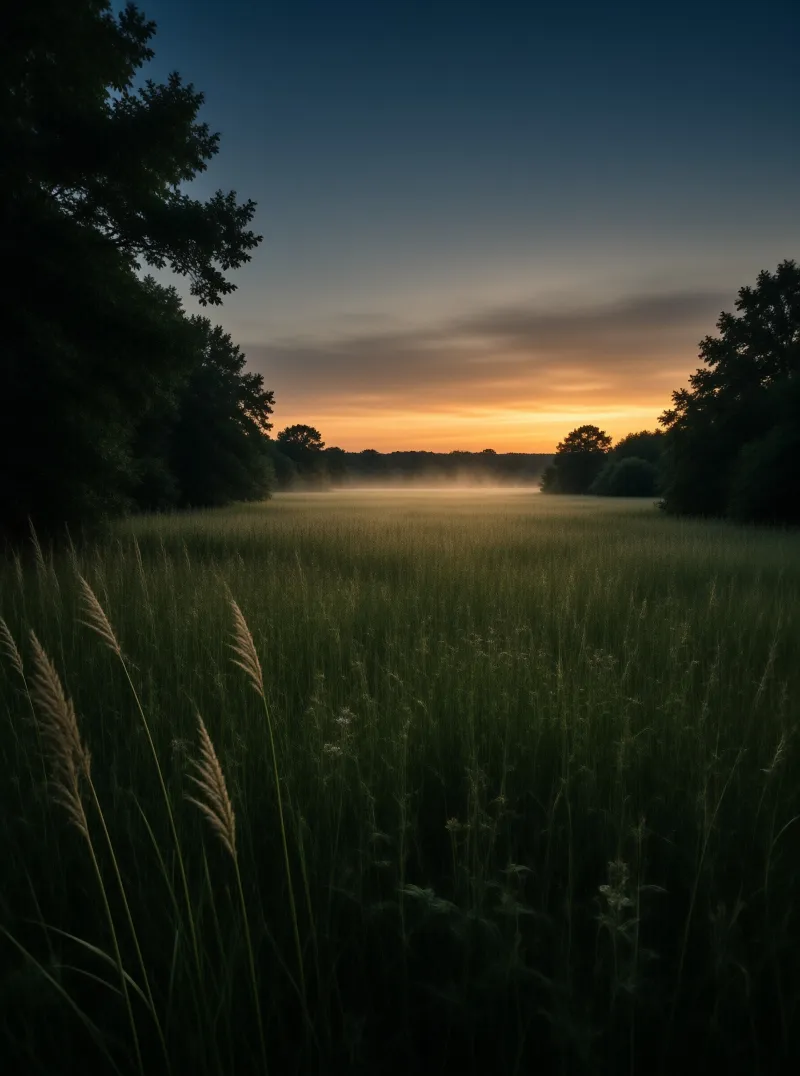A lush green field stretches between dark trees while a golden sunset glows above the distant mist.