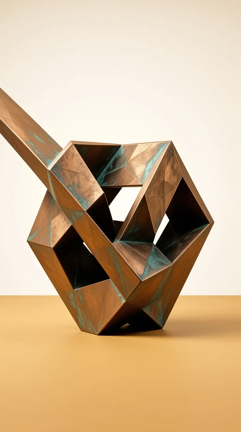A faceted bronze geometric sculpture stands on a warm ochre surface with teal patina accents.