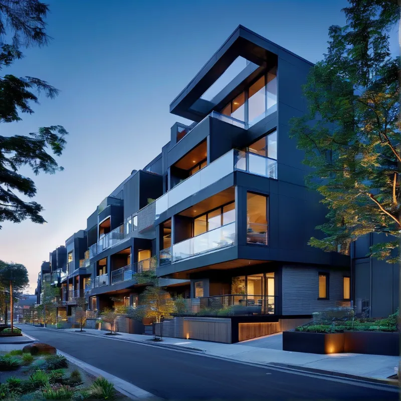 Dark building with large glass windows and balconies stands along a street during twilight with warm interior lights glowing.
