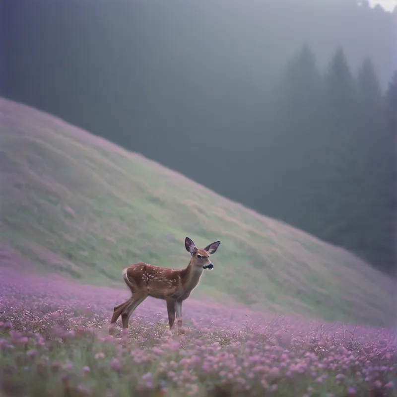 A young spotted deer stands amidst a field of purple wildflowers on a grassy slope, with a foggy forest in the background.