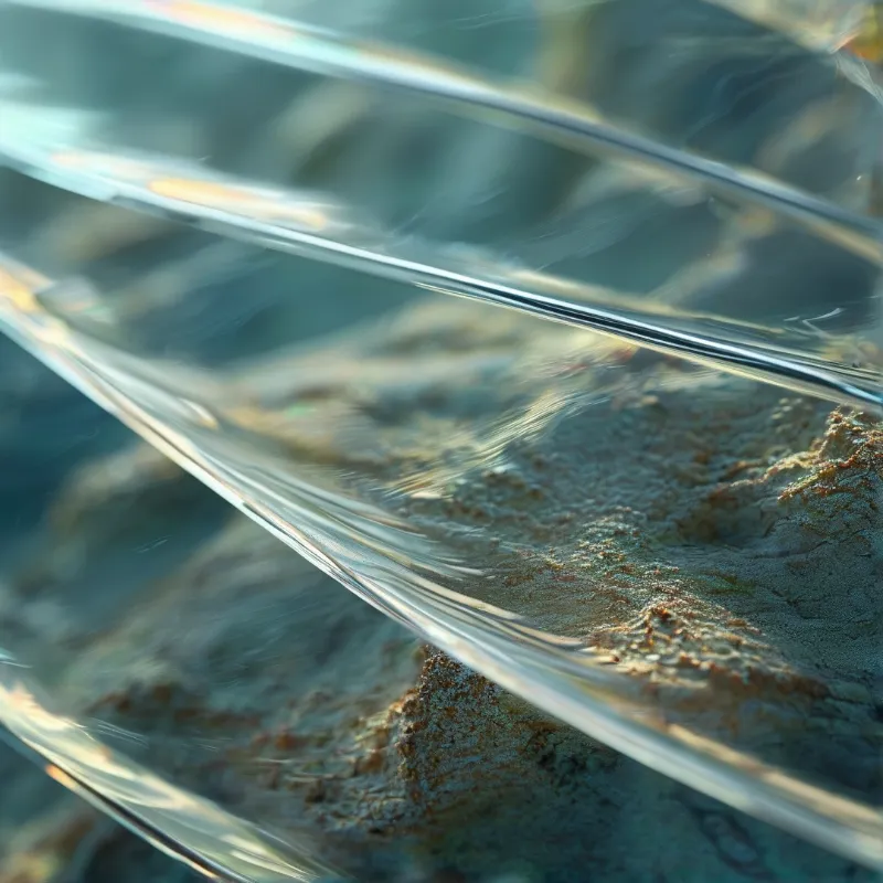 Blurred diagonal glass edges catch bright light above a rough textured stone surface.