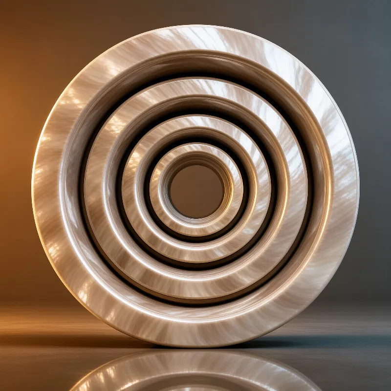 Nested pale marble hoops stand on a glossy floor lit from the left by warm amber light.