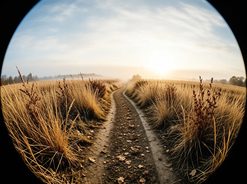 A narrow dirt track curves through tall golden reeds toward a glowing misty horizon under a pale sky.