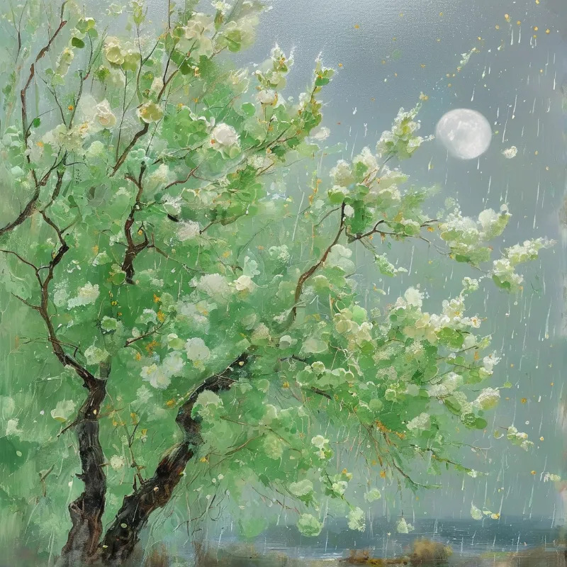 A lush flowering tree with pale white blooms leans toward a bright full moon amid falling rain, with soft water visible at its base.