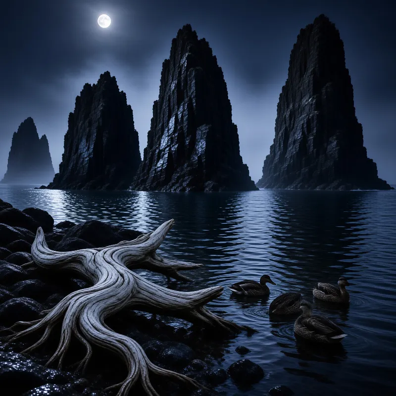 Four ducks swim near twisted driftwood while tall dark rocks rise from the moonlit ocean.