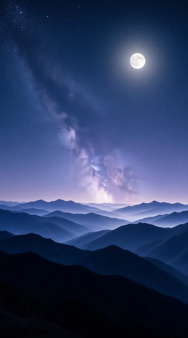 A bright moon and the Milky Way glow above waves of misty blue ridgelines fading into night.