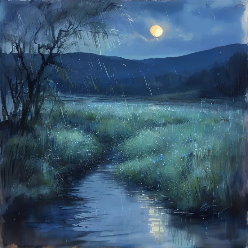 A dark blue landscape painting shows a wet trail winding through tall grass while rain falls beneath a bright full moon.