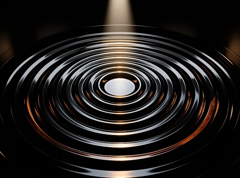 Black and silver concentric grooves curve around a bright white center beneath a narrow beam of warm light.