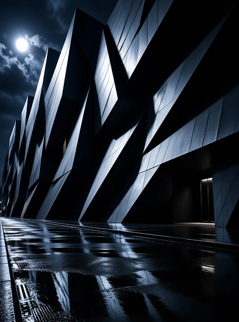 A sharp geometric building stands under a moonlit sky while wet pavement reflects its angular silhouette below.