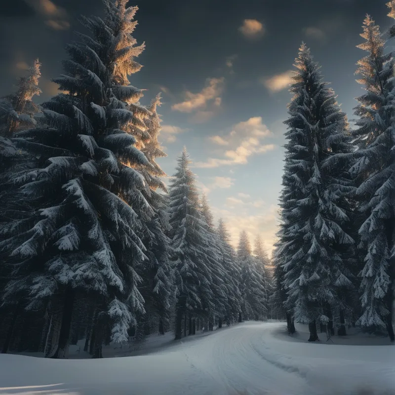 A snow covered road winds through a forest of tall evergreen trees catching golden sunlight under a cloudy sky.