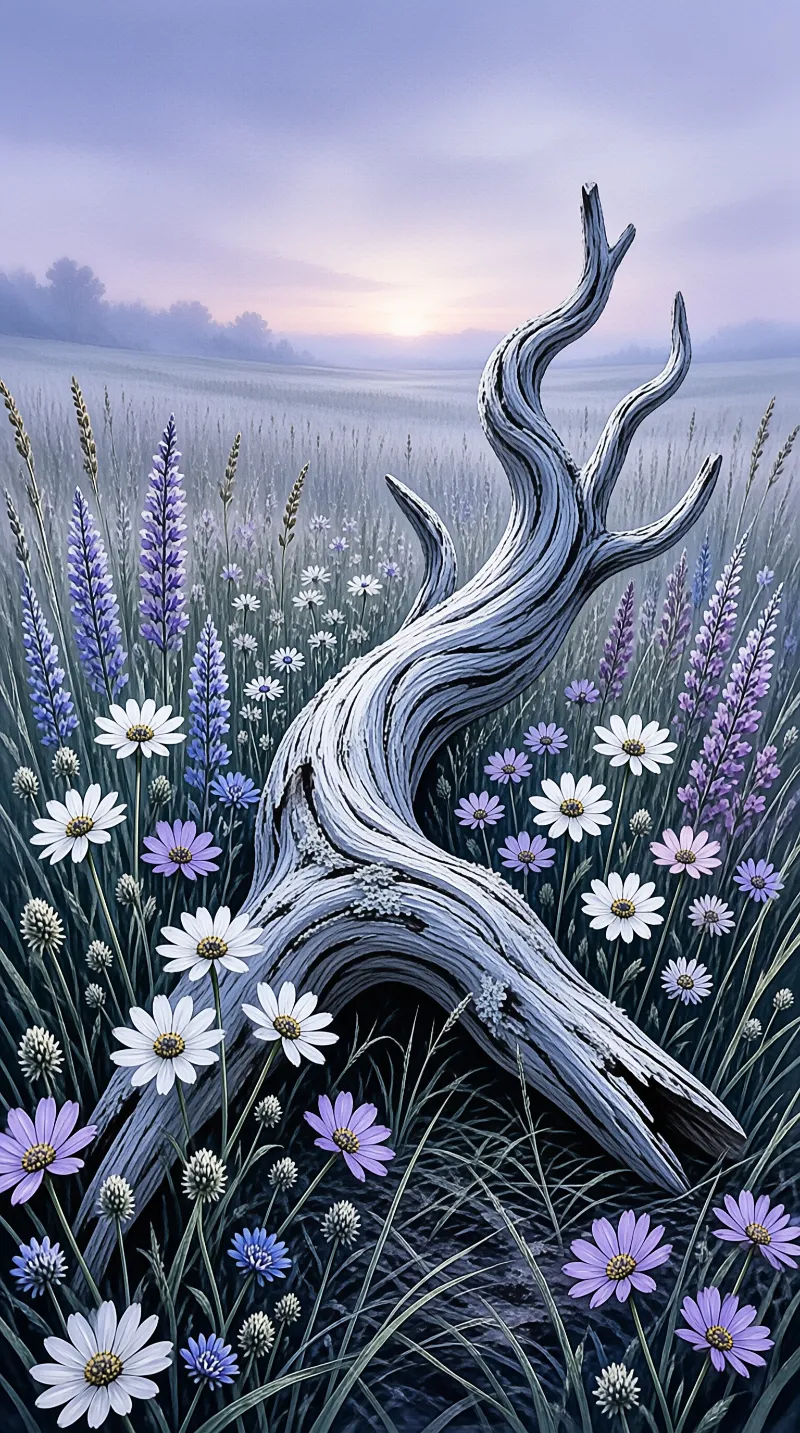 A twisted white driftwood rests among purple and white wildflowers in a misty field at dawn.