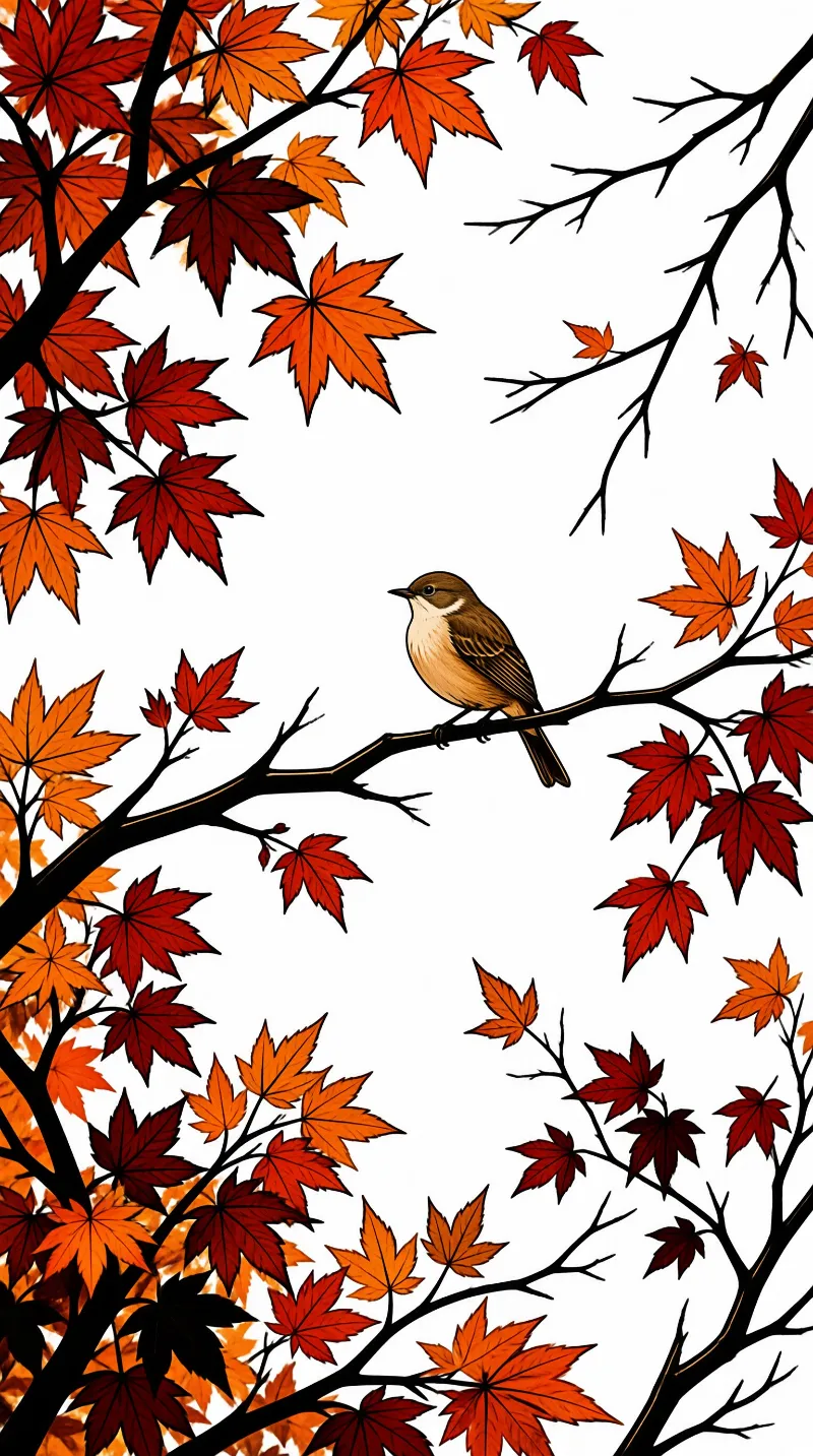 A small brown bird sits on a dark branch surrounded by vibrant red and orange maple leaves against a white background.